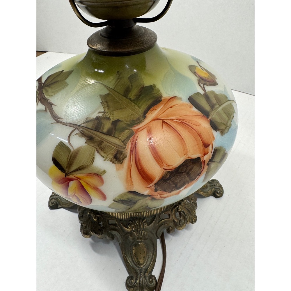 Vintage Gone with the Wind Hurricane Lamp Hand Painted Floral Green Orange Rose - Picture 3 of 8